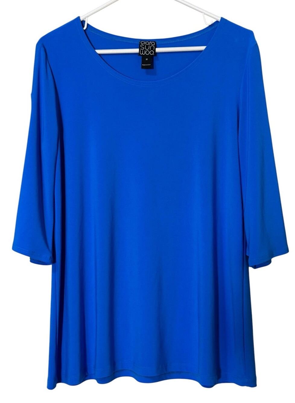 Clara Sun Woo Shirt Women Size Medium Blouse Blue Stretch Office Career Business